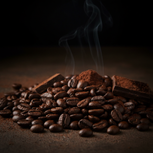 A pile of roasted coffee beans with visible steam rising, topped with cocoa powder and dark chocolate pieces, set on a dark surface against a black background.