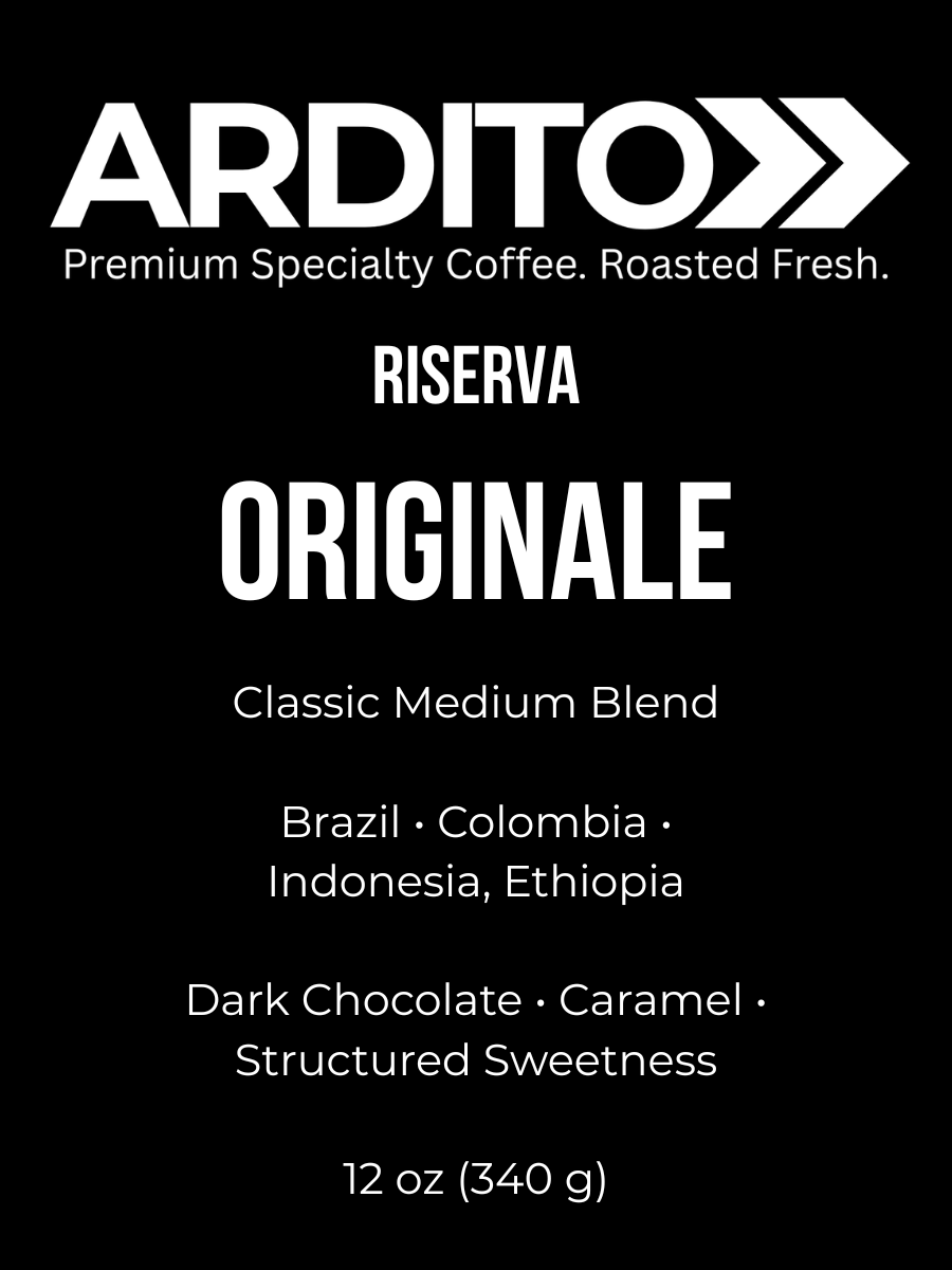 Ardito Riserva Originale coffee bag with label — premium balanced medium roast blend from Brazil, Colombia, Sumatra, and Ethiopia