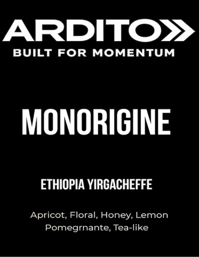 Ardito Monorigine Ethiopia Yirgacheffe single origin coffee packaging with product details on a black background. Notes of jasmine, chocolate, peach and lightly spiced.