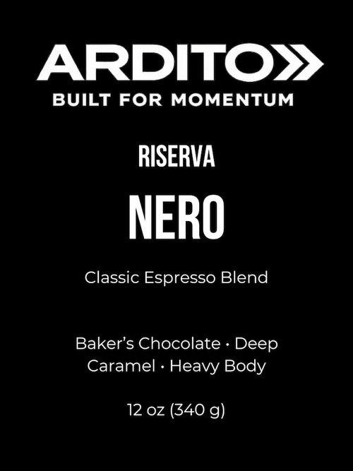 Ardito Riserva Nero coffee packaging with product details on a black background