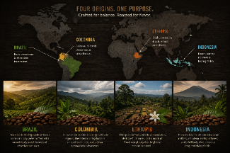 An infographic poster titled 'FOUR coffee farm ORIGINS brazil, colombia, ethiopia and indonesia. ONE PURPOSE.