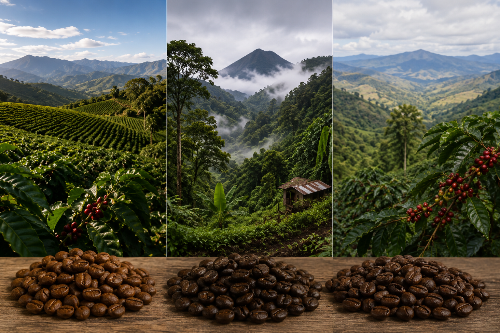 poster of 3 different landscapes with roasted coffee beans