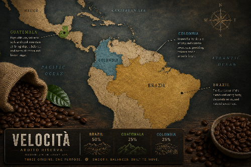 Ardito Riserva Velocita latte blend coffee bag packaging with flavor notes of chocolate, caramel, and roasted nuts