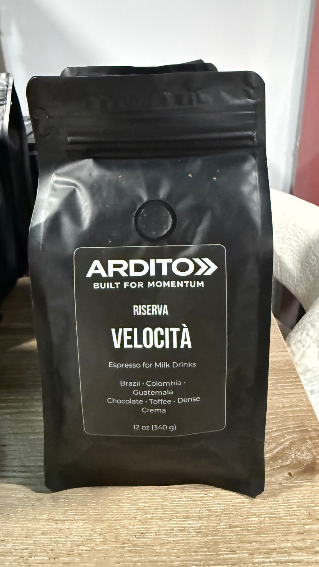 Ardito Riserve Velocità coffee bag — espresso for milk drinks, Brazil Colombia Guatemala, chocolate toffee dense crema, 12oz
