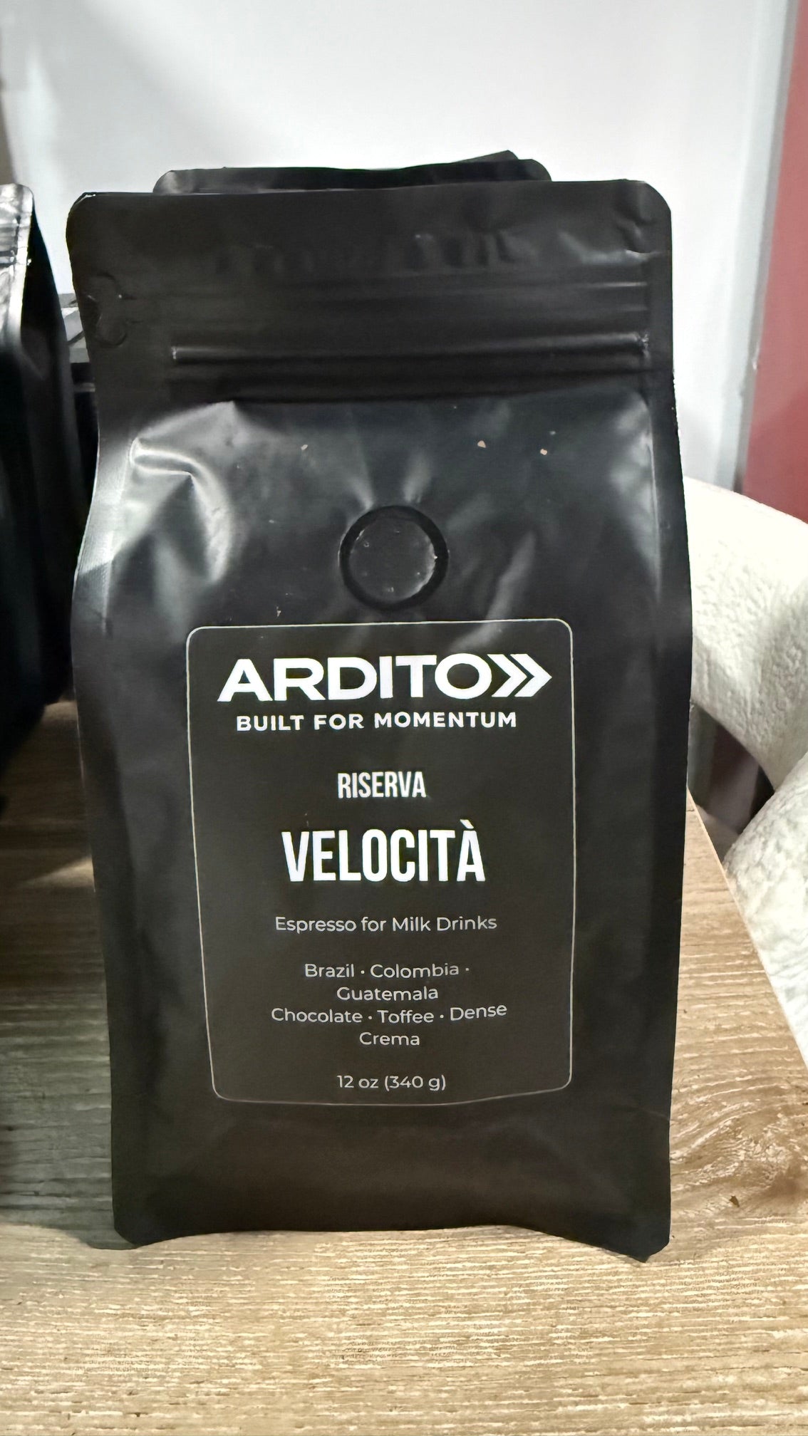 Ardito Riserve Velocità coffee bag — espresso for milk drinks, Brazil Colombia Guatemala, chocolate toffee dense crema, 12oz