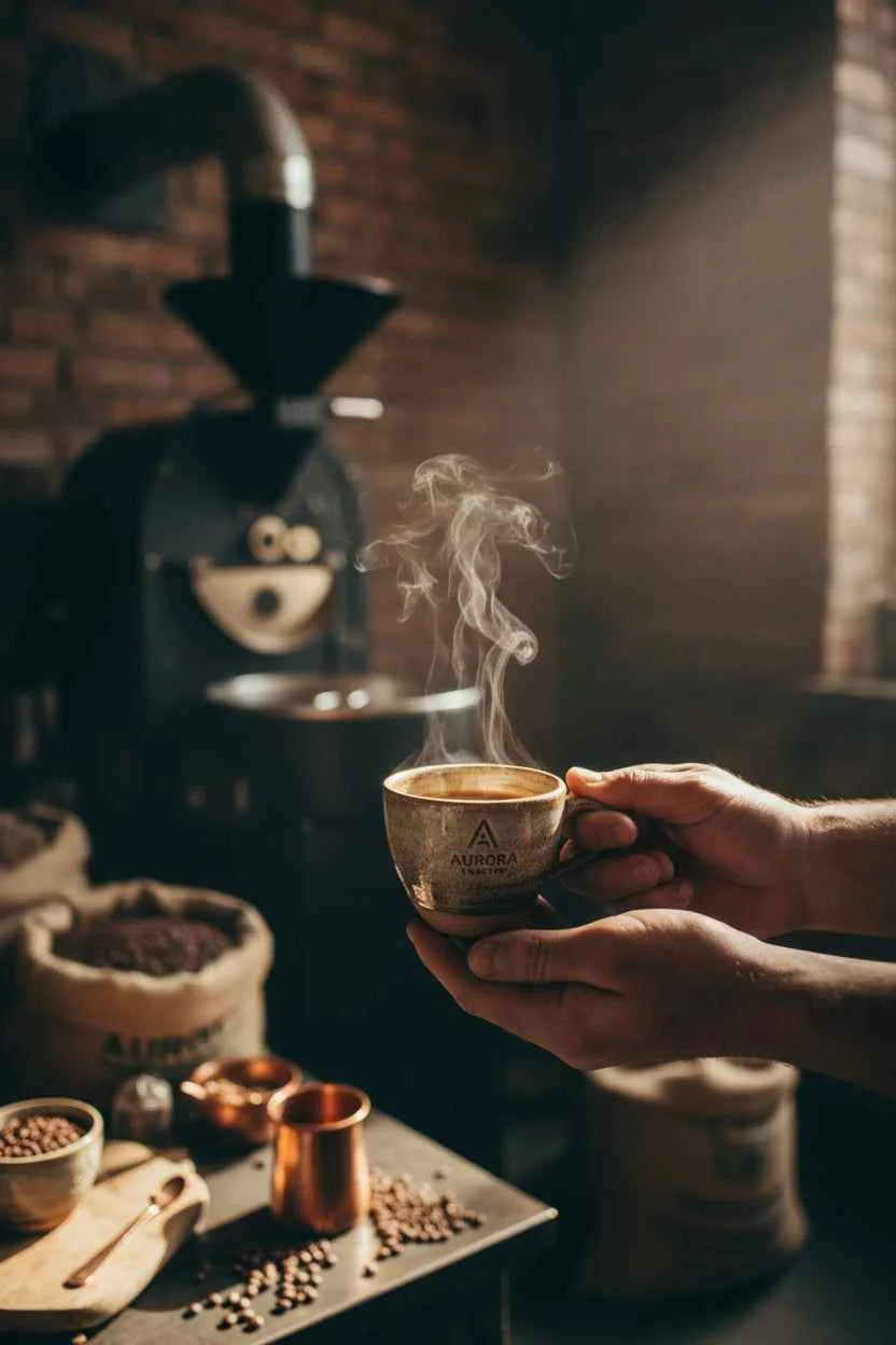 A person holds a steaming cup of coffee in a rustic coffee roastery setting with a brick wall, coffee roaster, and bean bags in the background.