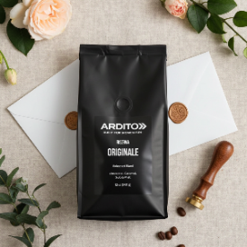 A matte black bag of ARDITO coffee beans lies centered on a light beige linen surface, surrounded by white envelopes, wax seals, coffee beans, green leaves, and peach flowers. The bag label reads 'ARDITO' and 'RISERVA ORIGINALE'.